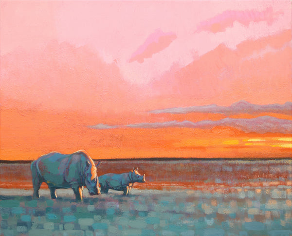 Edge of the pan - White Rhino mother and calf