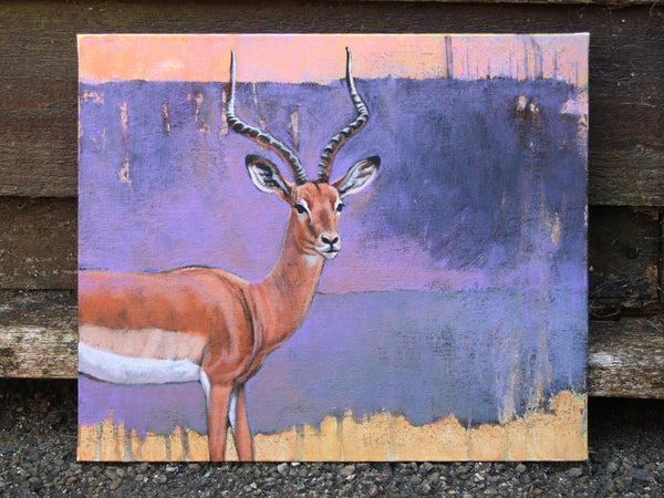 Impala buck antelope painting on canvas board propped up on wall