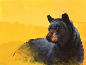 Modern mixed media painting of a black bear head and shoulders with a bright yellow background