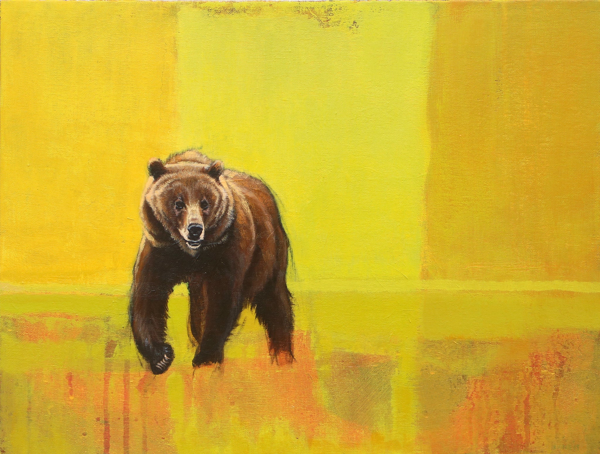 Contemporary yellow toned painting of a walking Grizzly Bear