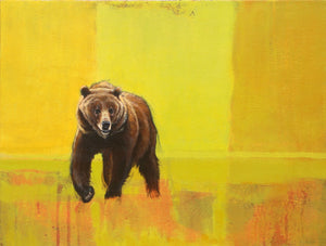 Contemporary yellow toned painting of a walking Grizzly Bear