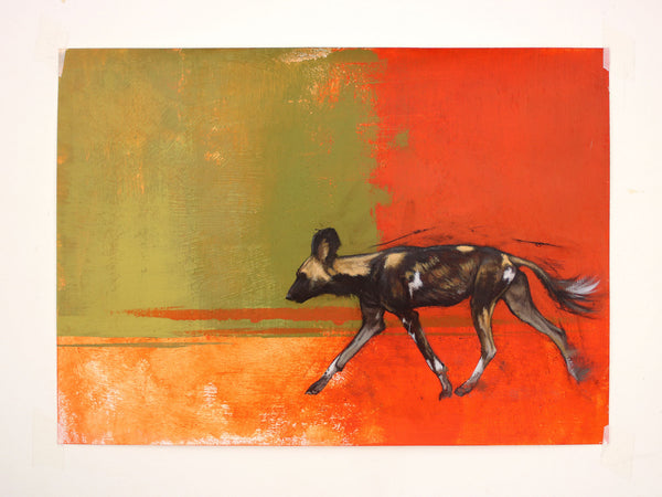 Painted Dog mixed media painting in bold colours