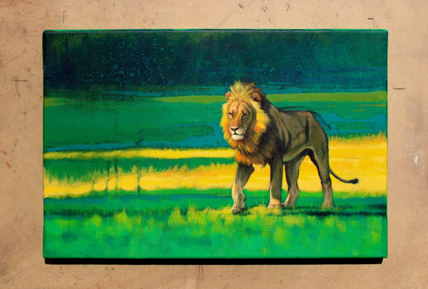 Full shot of a walking lion painting in bright light 27 x 41 cms