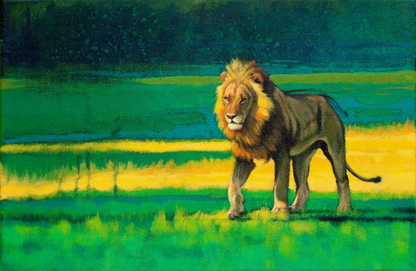 Male lion small painting in bright light with a green toned background