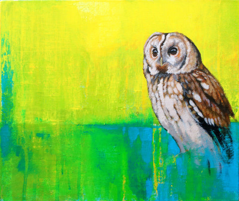 Contemporary art Tawney owl mixed media painting on canvas board with a bright yellow/blue-green background