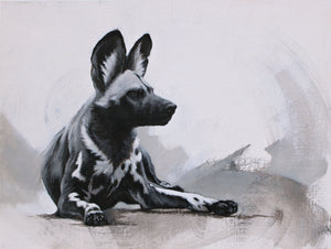Black and white Painted Dog sitting down mixed media painting