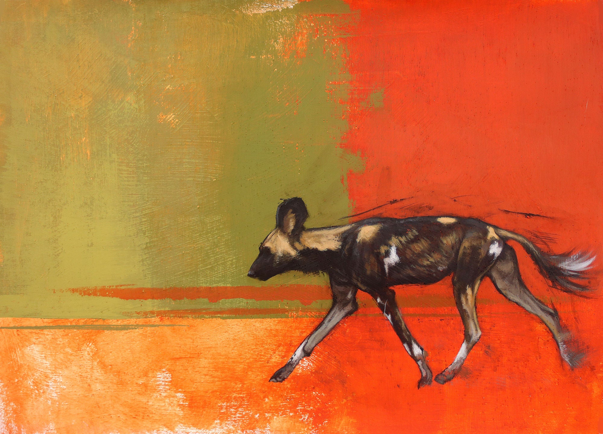 trotting Painted dog contemporary artwork on paper with bold bright colours