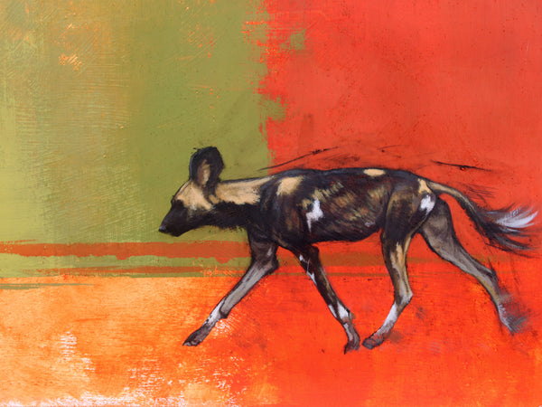 mixed media bold and bright Painted Dog artwork with burnt orange and dull green background