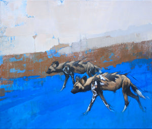 blue and brown painted dog mixed media painting