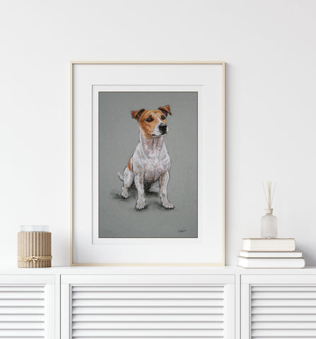 Jack Russell Dog Print in white frame on cabinet